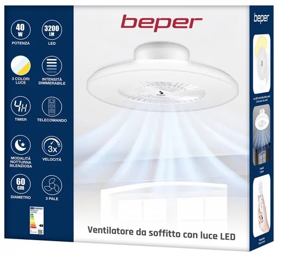 Resigilat: Ventilator de tavan cu LED 2in1 Beper P206VEN650, Lampa LED, 40 W, 3 viteze, Temporizator, Alb