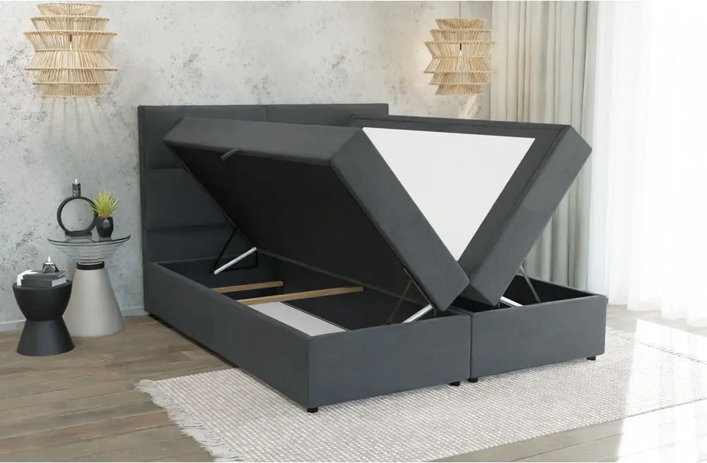 Pat boxspring gri cu spațiu de depozitare 160x200 cm Rico – Ropez