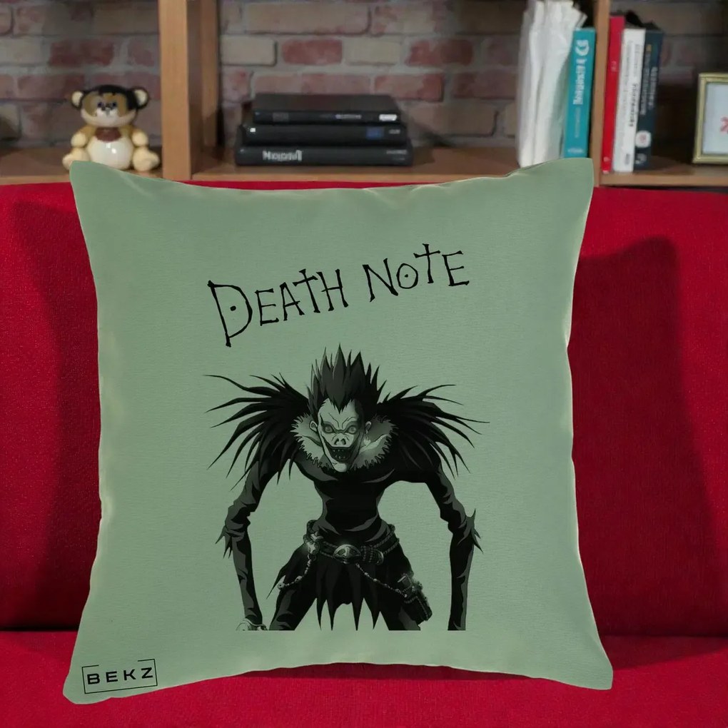 Perna Personalizata Death Note Ryuk Shinigami Alb-Negru, 40x40 cm, Verde, Husa Detasabila, Perna Inclusa, BEKZ®