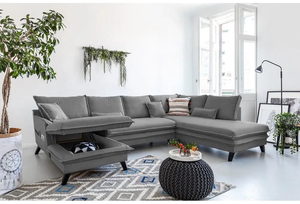Canapea extensibilă în formă de „U” cu șezlong pe partea dreaptă Miuform Charming Charlie, gri închis