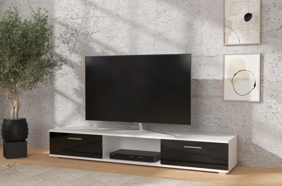 Comodă TV, 176x40x28, Sella, ADRK Furniture (Culoare: Sonoma / Negru Lucios)