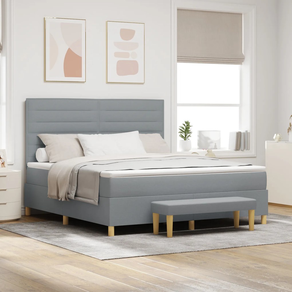 vidaXL Pat Box Spring cu Saltea și Bancă Gri Deschis 180x200 cm Țesătură