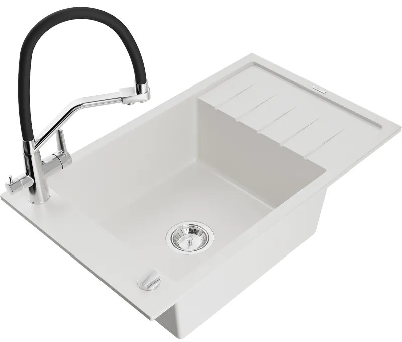 Mexen Elias chiuvetă de granit cu un compartiment, cu picurător și baterie de bucătărie Duo, Albă - 6511-20-671701-07