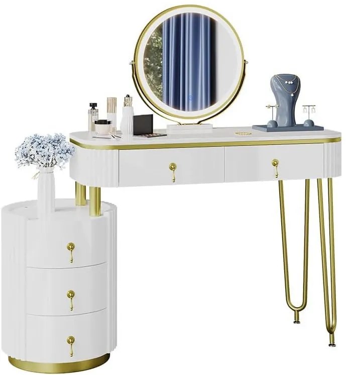 SEA422 - Set Masa toaleta, 100 cm, cosmetica machiaj, oglinda cu LED, masuta vanity - Alb-Auriu