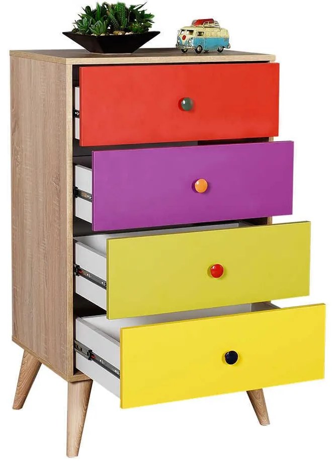 Comoda Adore Rainbow, 4 sertare, Multicolor/Sonoma, 60 x 104 x 45 cm