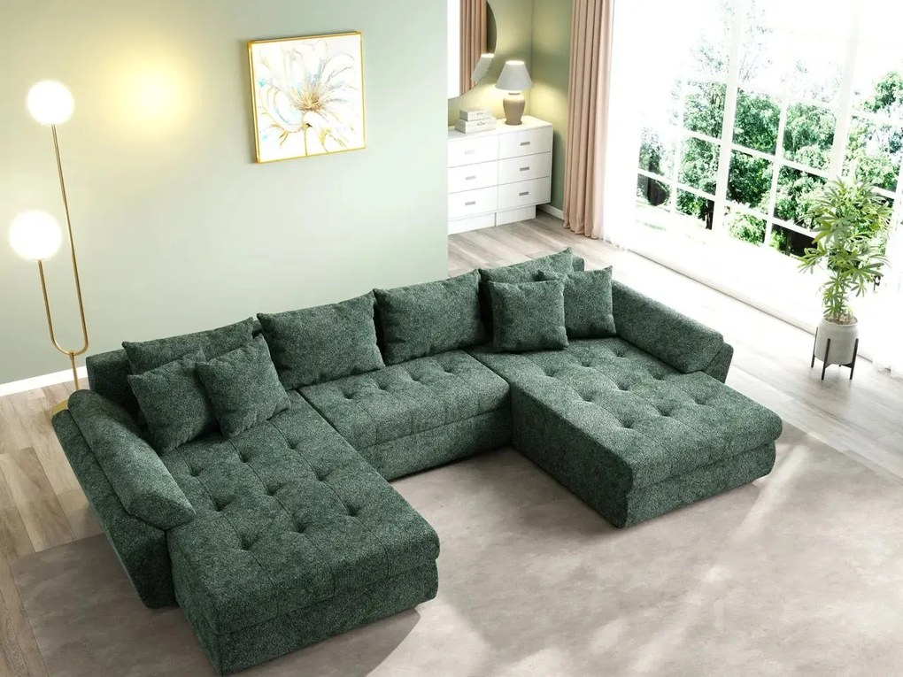 Colțar extensibil dumonde cu ladă de depozitare si sezut confortabil din spuma high-density, Loana U Euphoria Green 355x185 cm