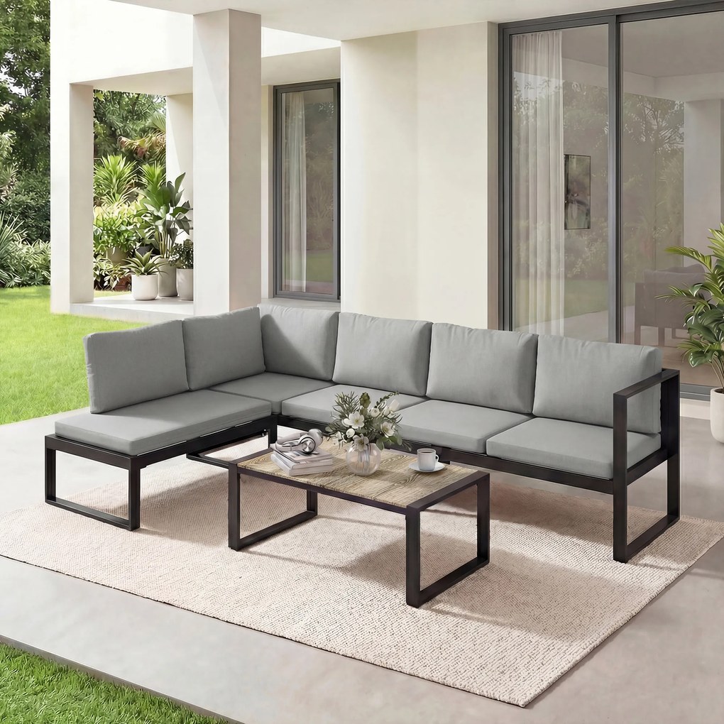 Outsunny Set Mobilier de Grădină Exterior Colțar 5 Persoane cu 2 Canapele, Scaun Fără Cotiere, Masă de Cafea, Gri Închis | Aosom Romania
