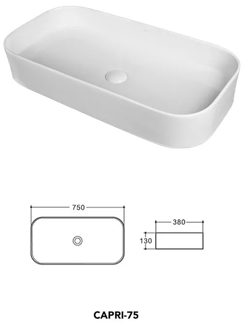 Lavoar pe blat, Fluminia, Capri 75, dreptunghiular, 75 x 38 cm, alb