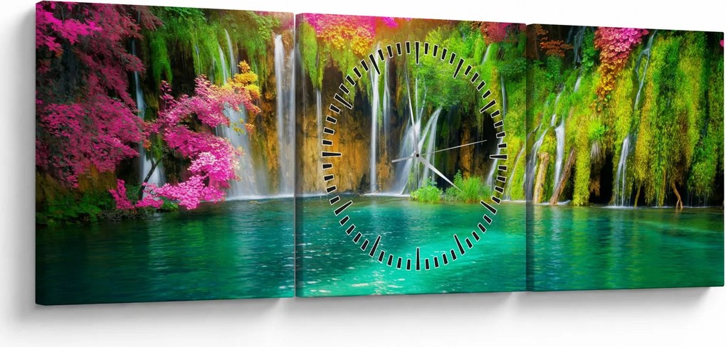 Tablou - Cascada, Lacurile Plitvice, Croația (cu ceas) (90x30 cm)