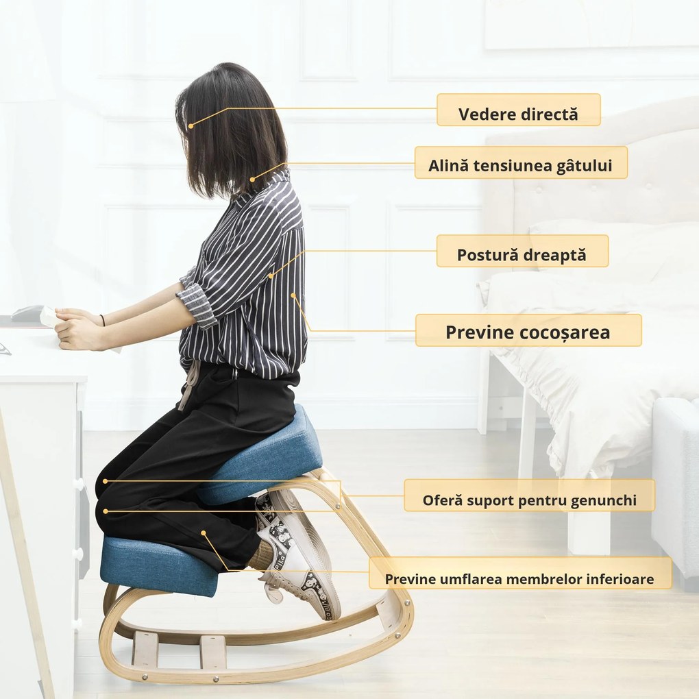 Vinsetto Scaun Ergonomic cu Suport pentru Genunchi din Lemn de Mesteacăn, 51x69x58 cm, Albastru | Aosom Romania