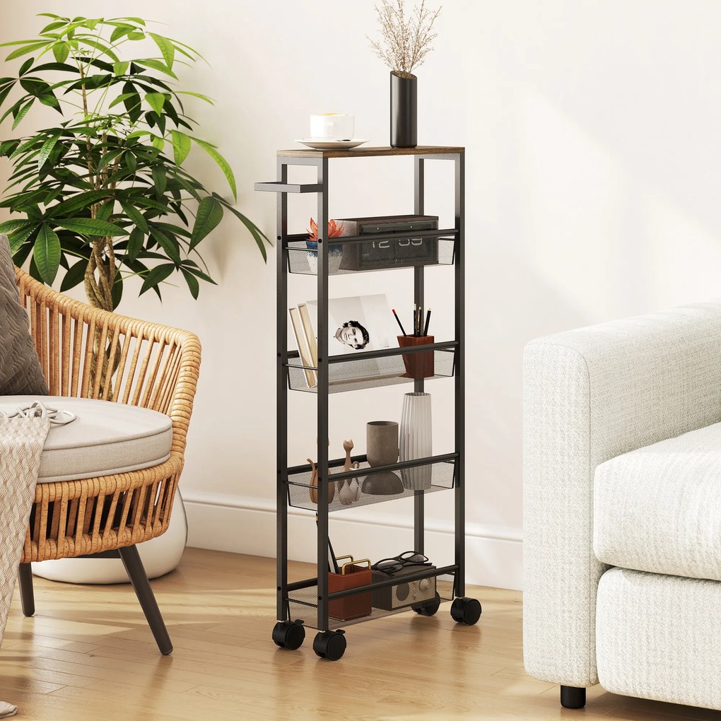 HOMCOM Cărucior de bucătărie cu 4 roți, cărucior de depozitare cu roți, blat cu aspect de lemn, structură metalică, 47x13x96,5 cm, negru | Aosom Romania
