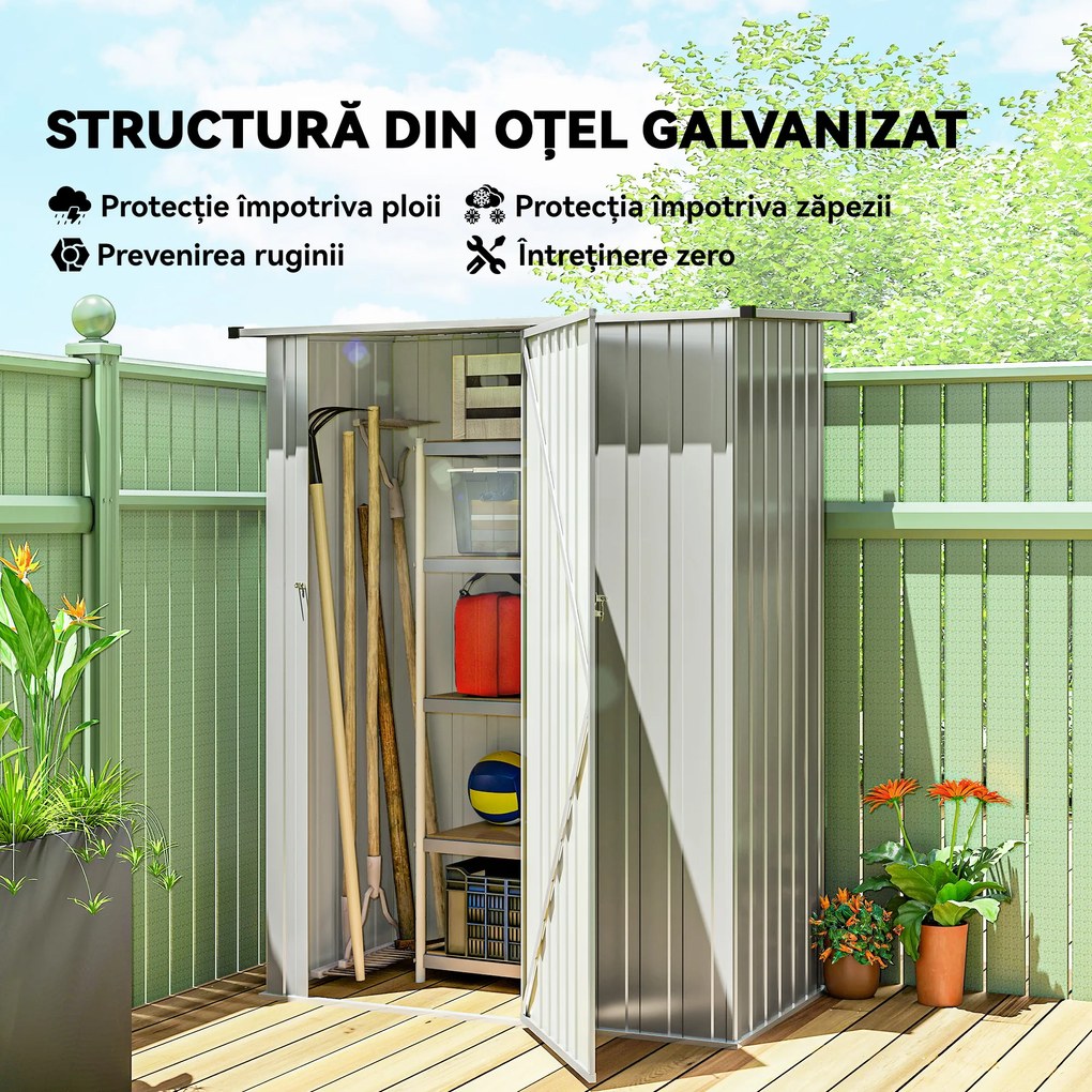 Outsunny Șopron de Grădină 1,07m² din Oțel Galvanizat, Depozit pentru Unelte cu Ușă Blocabilă și Acoperiș Înclinat, 142x86x189 cm, Argintiu | Aosom Romania
