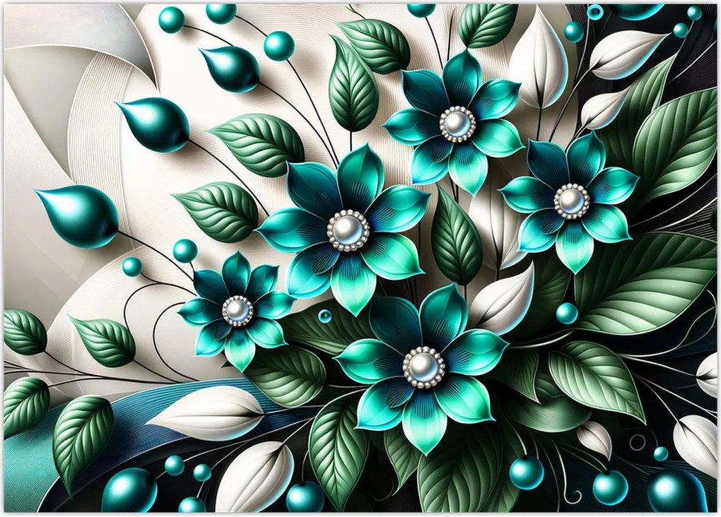 Tablou pe sticlă - Flori turcoaz 3D (70x50 cm)