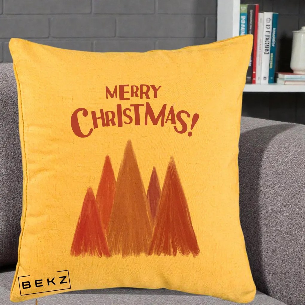 Perna Decorativa Merry Christmas Brazi Roz, 40x40 cm, Galben, Husa Detasabila, Perna Inclusa, BEKZ®