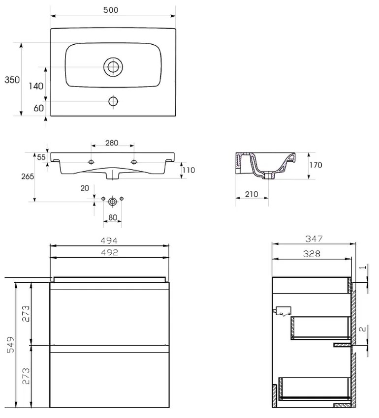 Set dulap baie suspendat 2 sertare, lavoar inclus Cersanit Moduo Slim, 50 cm, gri Gri, 500x350 mm