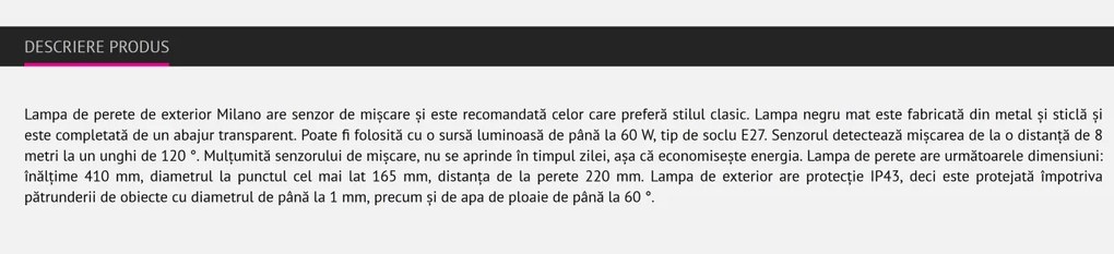 Aplica perete exterior cu senzor de miscare IP43 Milano 7837 RX