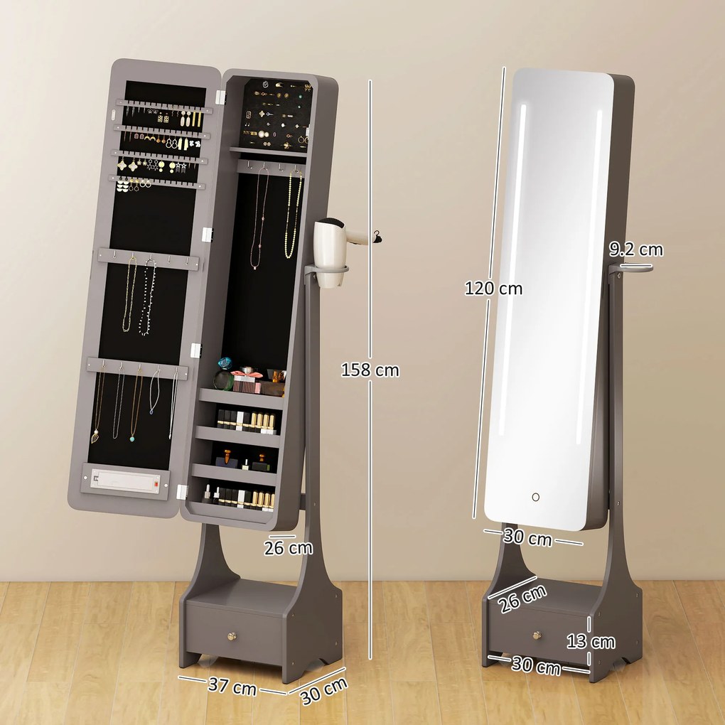 HOMCOM Oglindă-dulap pentru bijuterii cu lumini LED Dulap bijuterii cu oglindă full-length reglabilă pe unghi Sertar Oprire automată a luminilor Gri | Aosom Romania