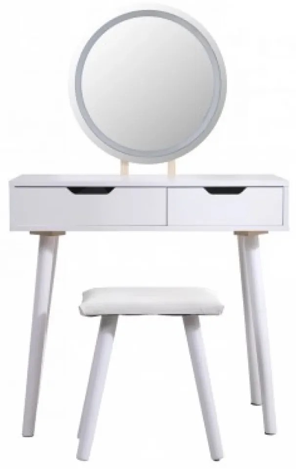 RESIGILAT- Set Adele, Masă de toaletă pentru machiaj cu oglindă iluminată LED, control touch, 2 sertare, scaun, Alb
