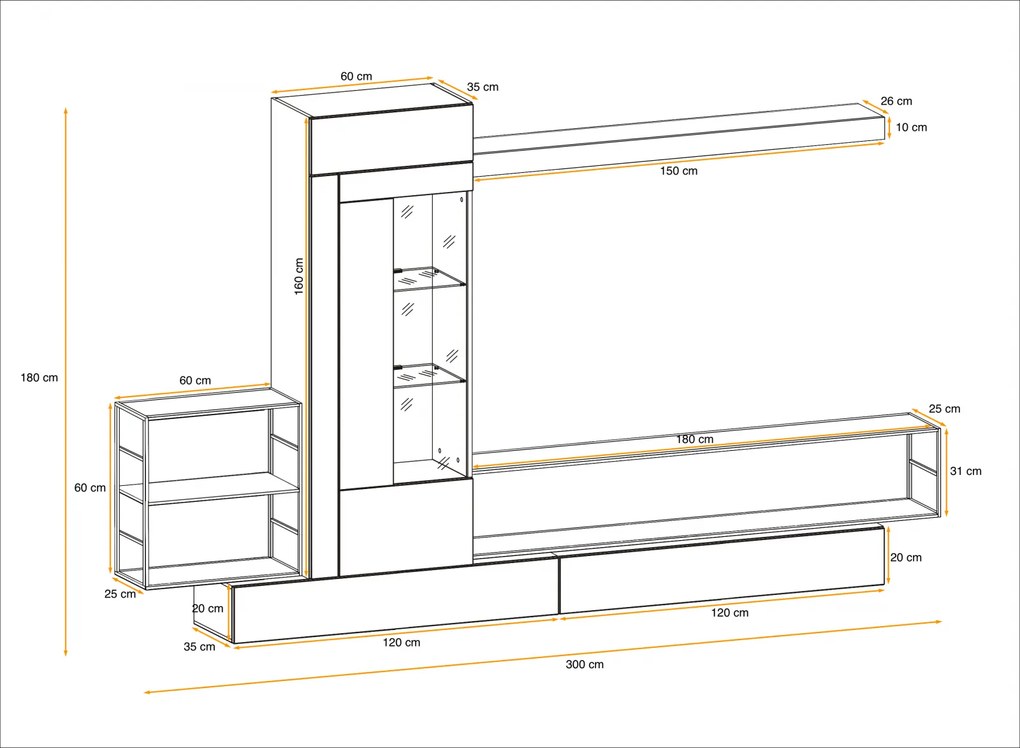 Mobila Living-sufragerie  camera de zi , negru perlat gri perlat , 300 cm lungime, usi deschidere push open, vitrina iluminata led