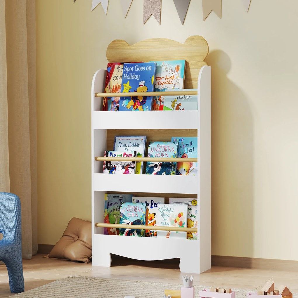 AIYAPLAY Bibliotecă pentru Copii cu 3 Rafturi în Formă de Ursuleț, cu Bariere Frontale, 55x15x110 cm, Culoare Lemn | Aosom Romania