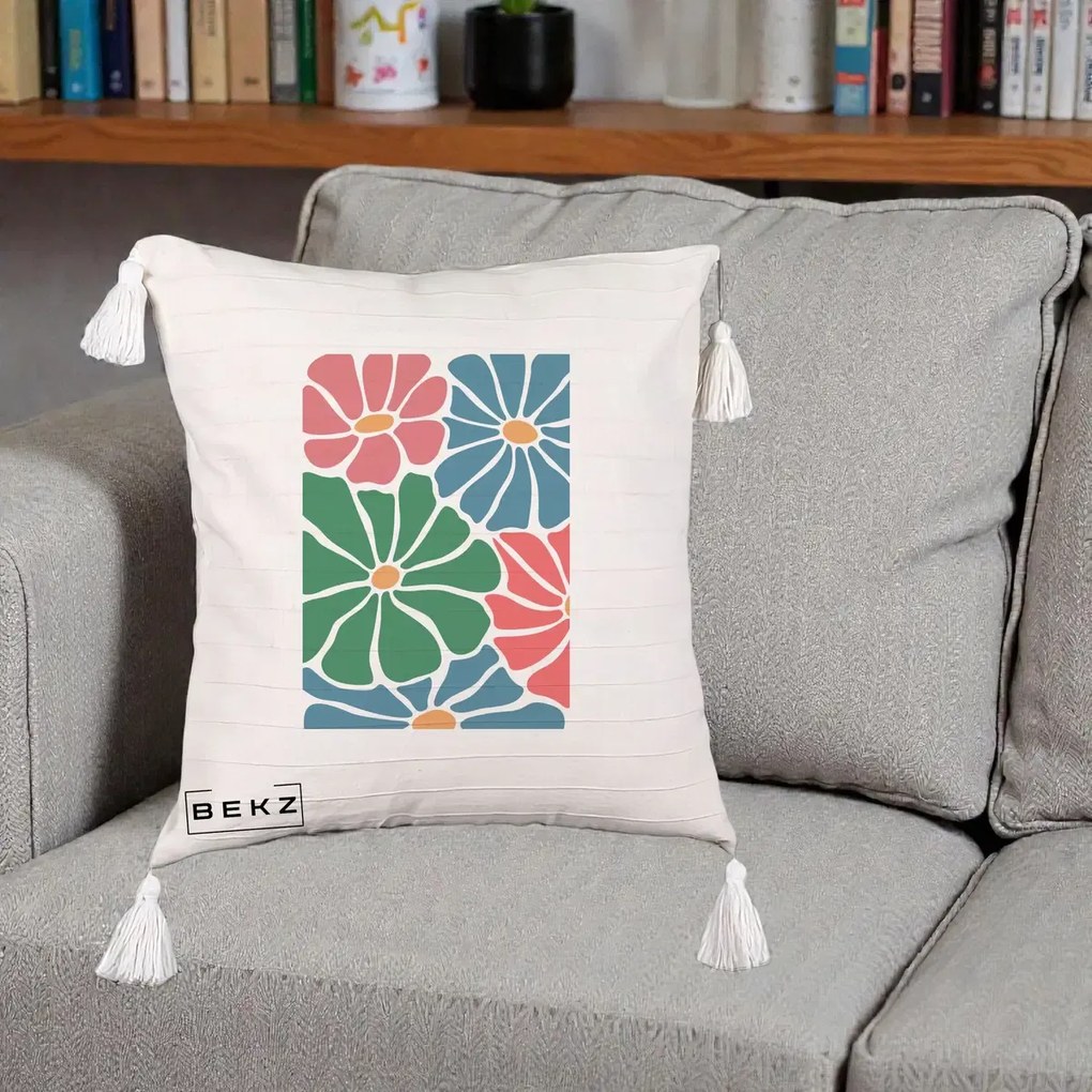 Perna Decorativa Flori Grafice Verde-Roz-Albastru, 40x40 cm, Bej cu Franjuri, Husa Detasabila, Perna Inclusa, BEKZ®