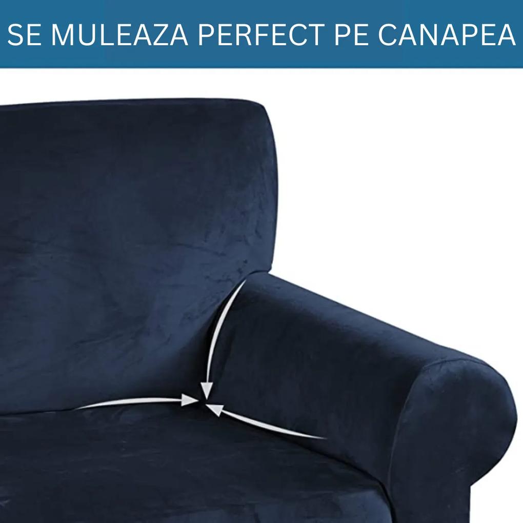 Husa elastica din catifea, canapea 3 locuri, cu brate, bleumarin, HCCJ3-04