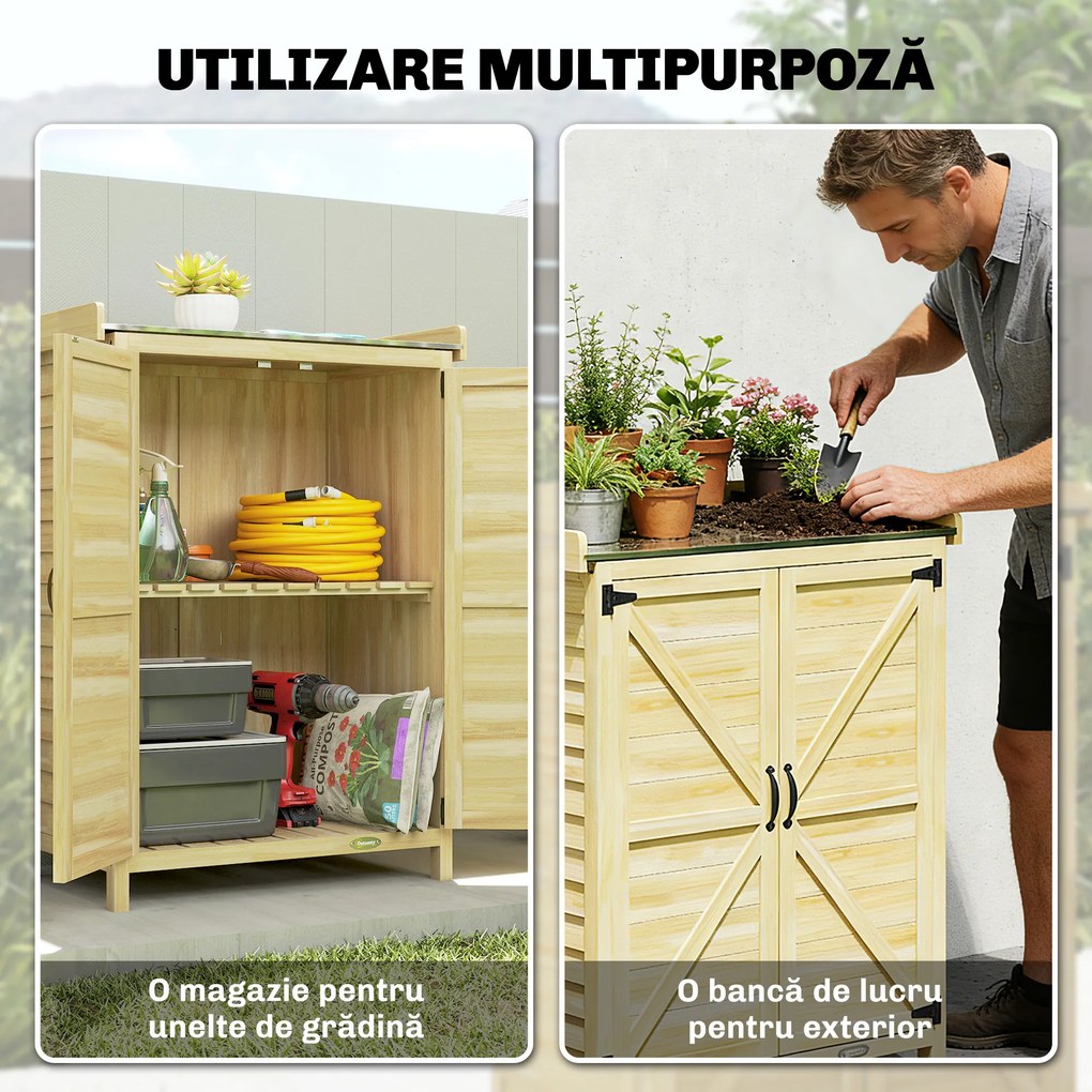Outsunny Căsuță de Grădină din Lemn de Molid cu Rafturi și Cârlige Laterale, Dulap de Grădină cu Uși Duble și Blat de Lucru din Metal Zincat pentru Terasă, 71,5x39x95cm, Naturală | Aosom Romania