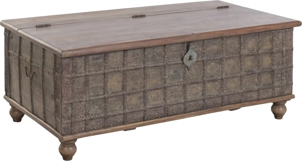 Cufăr vintage din lemn reciclat și metal, natur, cu feronerie în relief și picioare rotunde, finisaj patinat, 52 x 127 x 66 cm, „Lamanon”