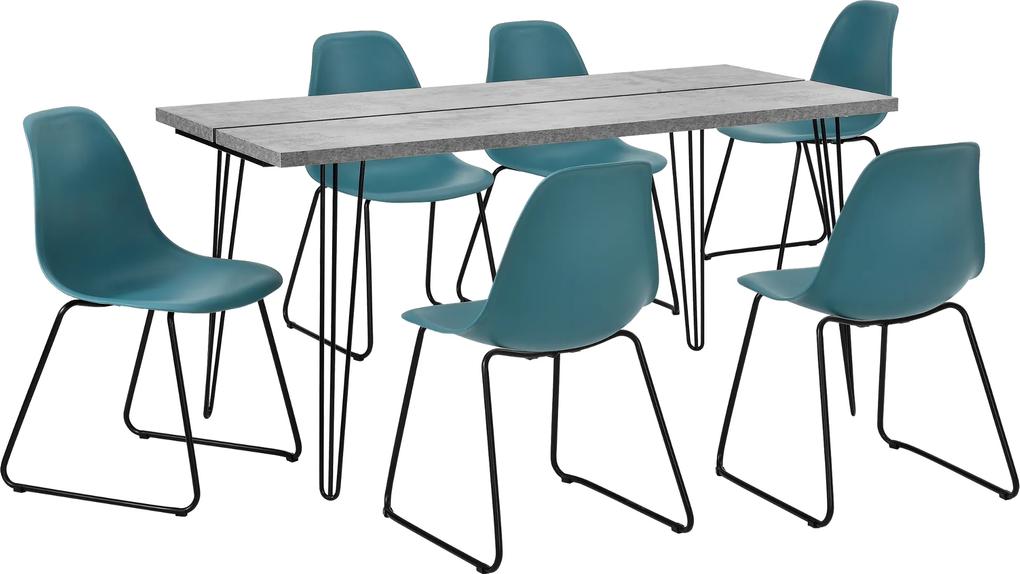 [en.casa]® Set design  masa bucatarie cu 6 scaune, 160 x 75 x 77cm, efect beton/turcoaz