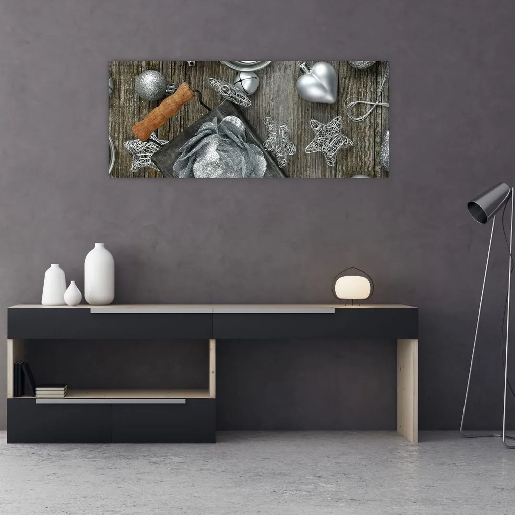 Tablou - decorațiuni argintii de Crăciun (120x50 cm)