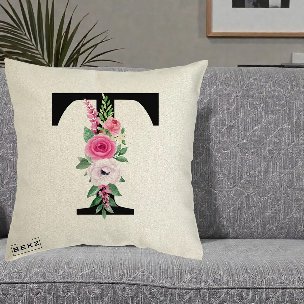 Cadou Personalizat - Perna Personalizata Monograma Florala Litera T, 40x40 cm, Ecru, Husa Detasabila, Perna Inclusa, BEKZ®