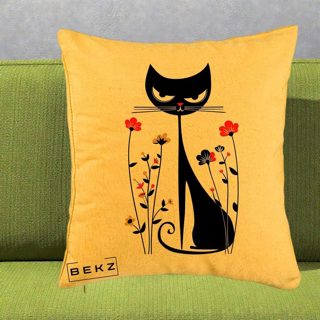 Perna Decorativa Pisica Neagra Grafica Flori Rosii, 40x40 cm, Galben, Husa Detasabila, Perna Inclusa, BEKZ®