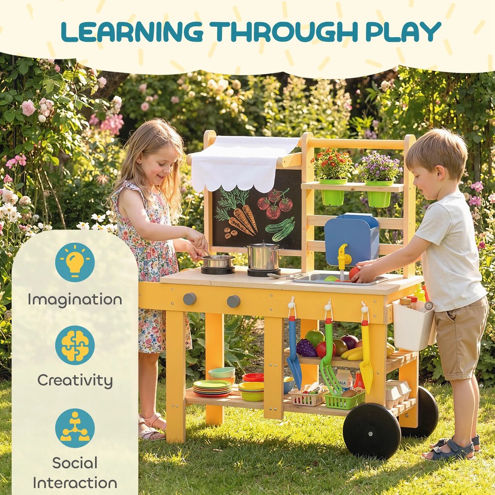 AIYAPLAY Bucătărie de jucărie exterioară din lemn cu roți Apă reală Ghivece Tablă și 15 accesorii 84,2x34,4x90 cm Galben | Aosom Romania