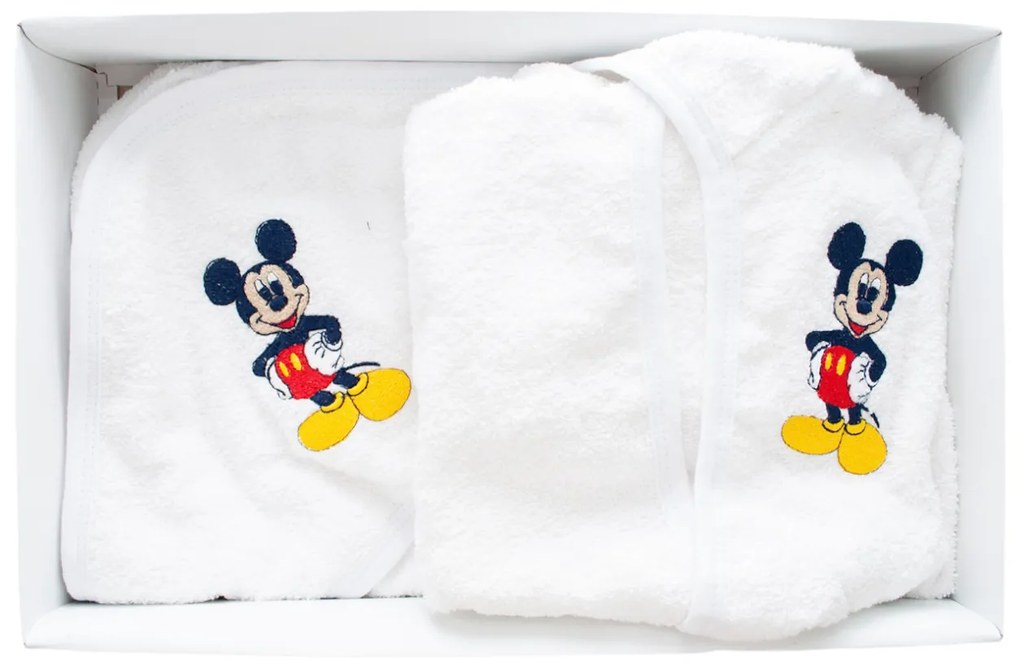 Set de baie pentru bebelusi, cu 3 piese, brodat cu Mickey Mouse, Alb- SDB-09