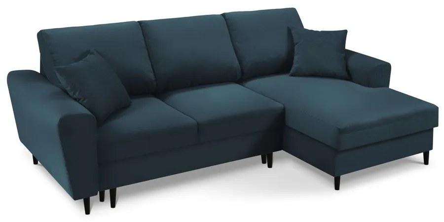 Colțar albastru închis extensibil, cu spațiu de depozitare cu tapițerie din catifea reiată (cu colț pe partea dreaptă, cu șezlong) Kyoto – Cosmopolitan Design