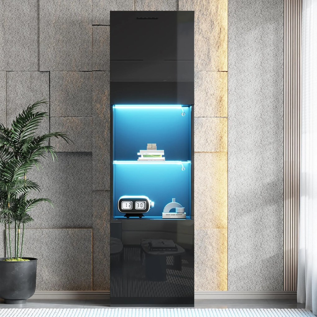 Vitrină lucioasă cu iluminare LED, 1 raft de sticlă, 45x35x160 cm, Negru