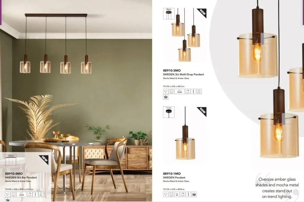Lustra moderna cu 4 pendule Sweden moca, chihlimbar