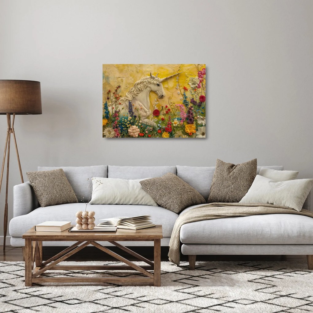 Tablou pe sticlă - Unicorn cu flori (70x50 cm)