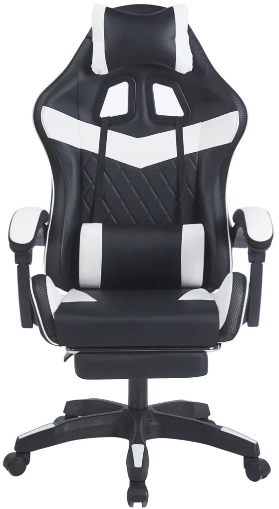 Scaun gaming, sistem iluminare bandă LED RGB, masaj în perna lombară, suport picioare, Negru/Alb