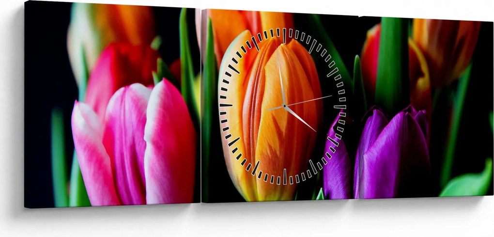 Tablou -Lalele pe fond negru (cu ceas) (90x30 cm)