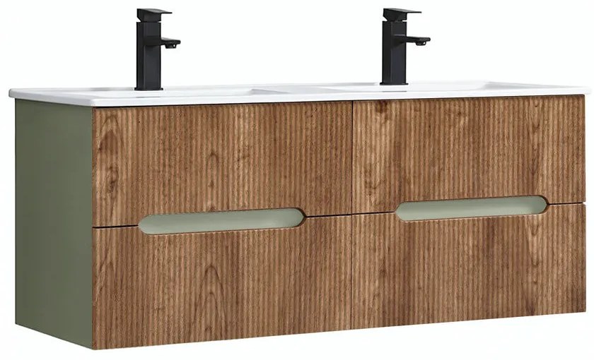 Trent 120 dulap de baie inferior cu chiuvetă ceramică (4 sertare) stejar verde-oliv-sunset