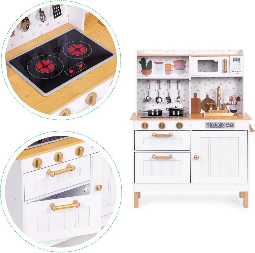 Bucătărie mare din lemn cu dulapuri cu deschidere LED și 7 accesorii