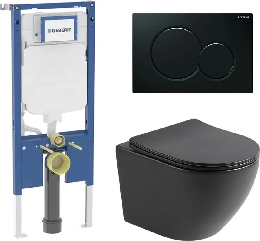 Set rezervor incastrat Geberit Duofix cu sistem de prindere, clapeta neagra Sigma01 plus vas WC suspendat Rune Ivaldi cu capac softclose