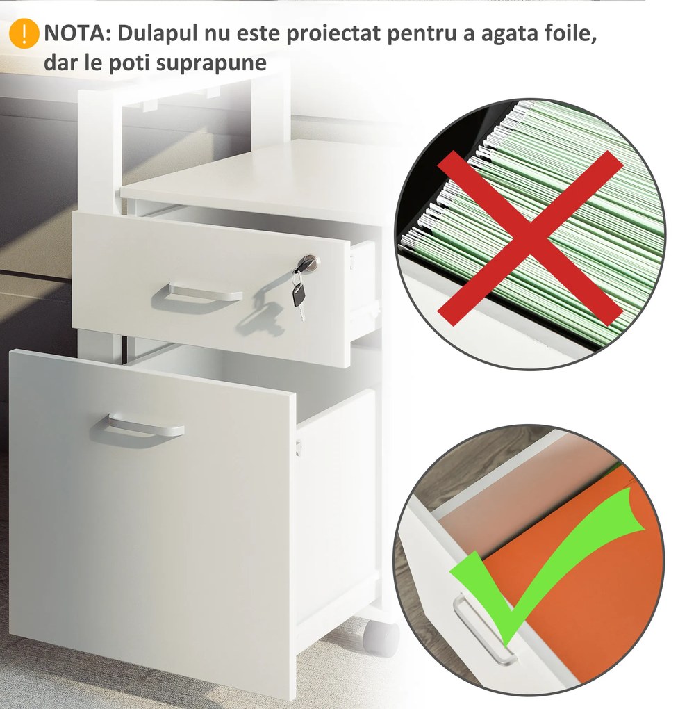 Vinsetto Dulap cu sertare, cu 2 Sertare și 5 Roti, Fiset Birou cu Încuietoare, Design Modern, Alb| Aosom Romania