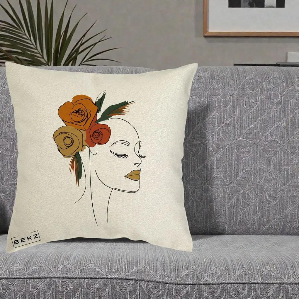 Perna Decorativa Portret Feminin Trandafiri Ruginii, 40x40 cm, Ecru, Husa Detasabila, Perna Inclusa, BEKZ®