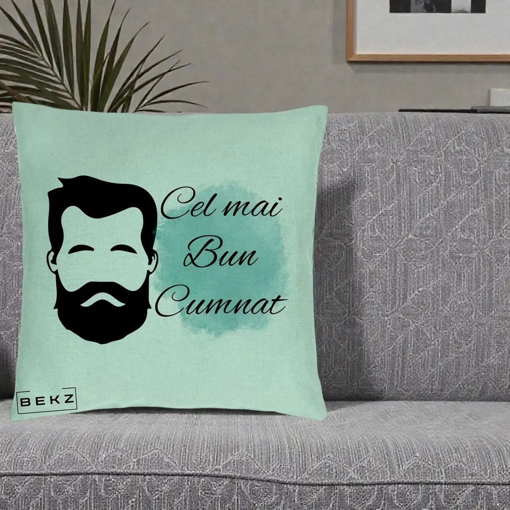 Cadou pentru Cumnat - Perna Personalizata Cel mai Bun Cumnat cu Portret Barbat si Pete Teal, 40x40 cm, Verde Menta, Husa Detasabila, Perna Inclusa, BEKZ®