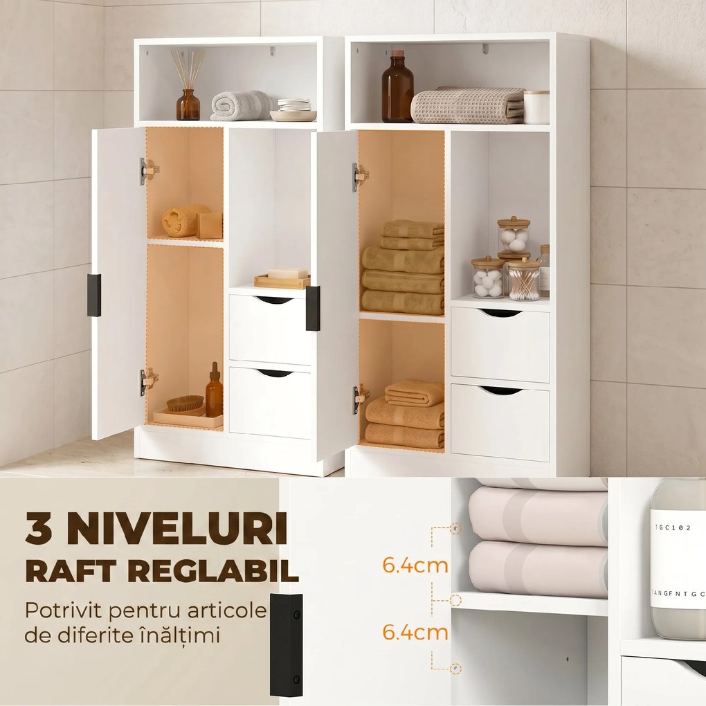 HOMCOM Dulap Baie Îngust cu 2 Sertare și Rafturi Reglabile pentru Bucătărie, Living, Hol, Alb | Aosom Romania