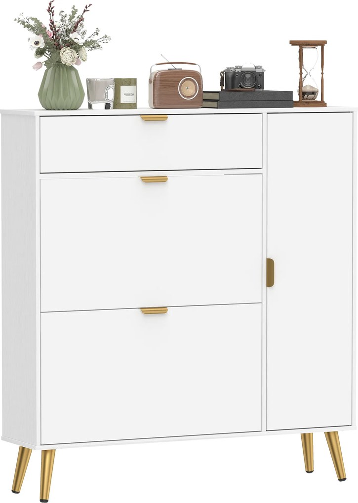 HOMCOM Dulap pentru pantofi 12 perechi, dulap pentru încălțăminte, 2 sertare basculante, 4 compartimente, 99,4x23,8x106,6cm, alb | Aosom Romania