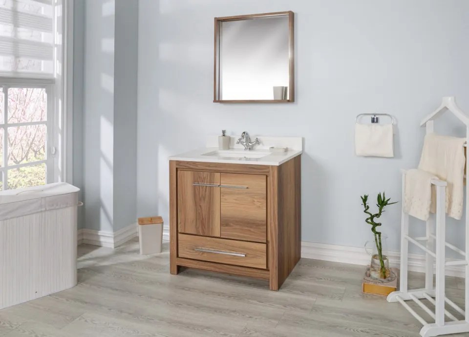 Set Mobilier Baie Superior 30, Include Dulap Baza cu Lavoar și Oglinda, 75 cm, Nuc