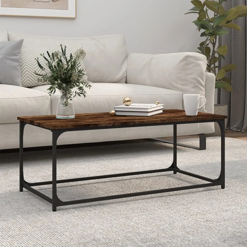 823299 vidaXL Măsuță cafea stejar fumuriu 102x50x40 cm lemn prelucrat și fier